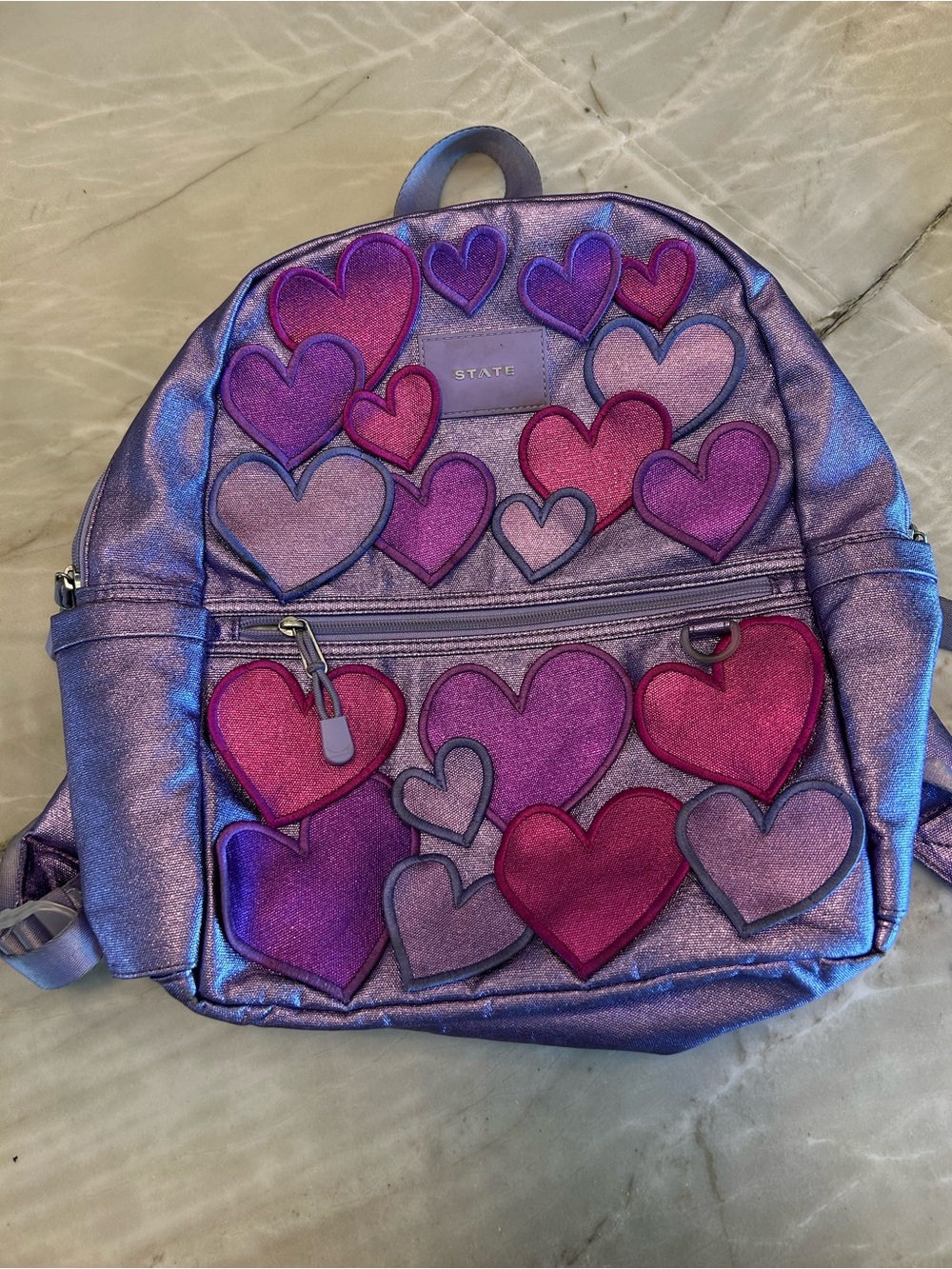 STATE Iridescent Purple Kids Backpack with Pink & Magenta Hearts